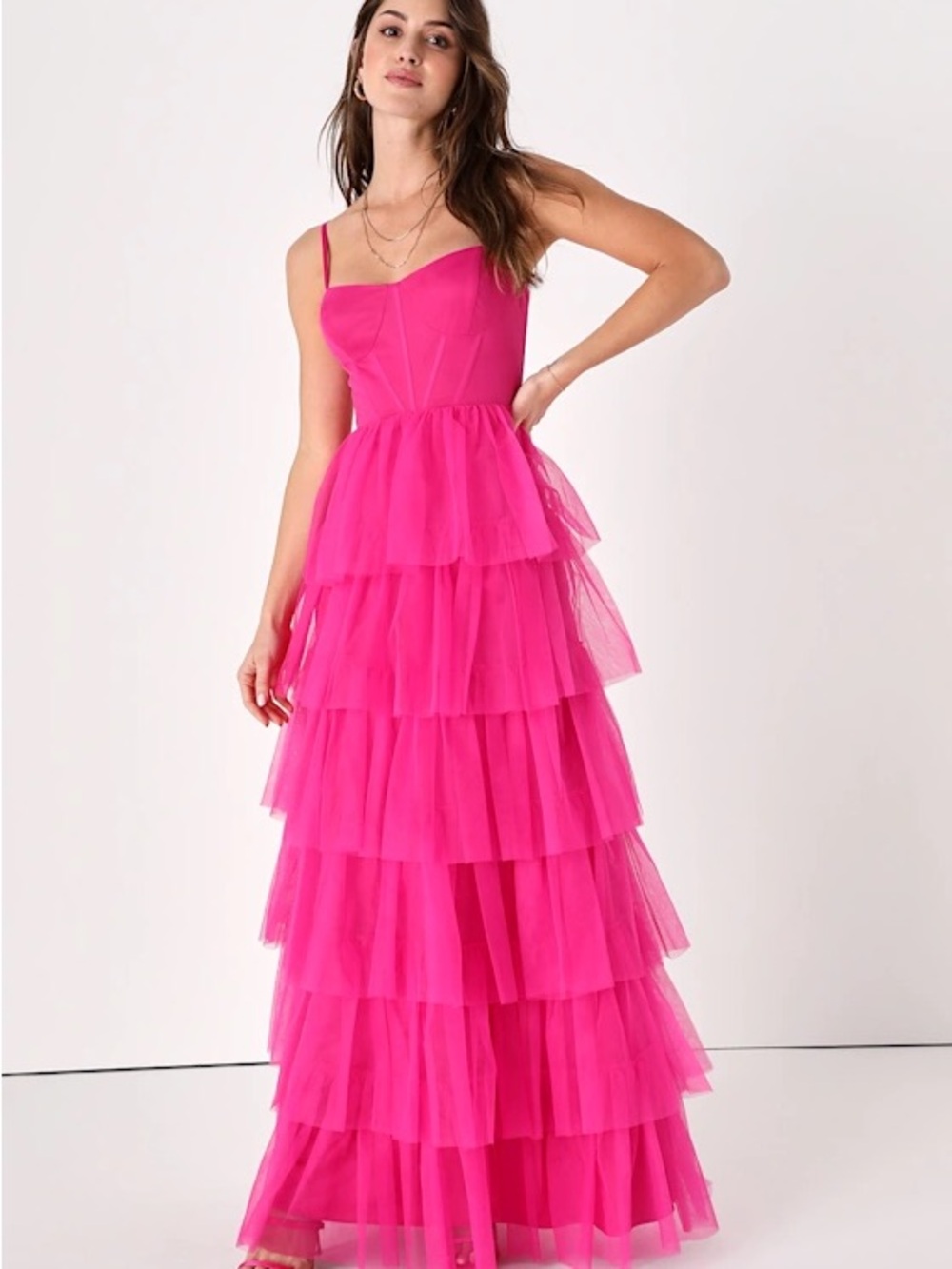 Rule the Runway Hot Pink Tulle Bustier Tiered Maxi Dress